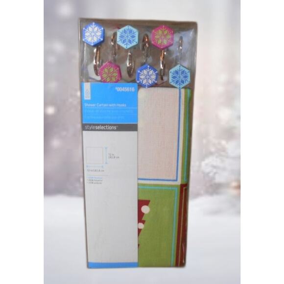 Style Selections Christmas Shower Curtain w/Snowflake Hooks Pink. Blue, Green - Picture 1 of 9